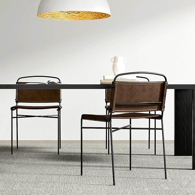 Mid-Century Modern Dining Chairs Set of 2, Brown PU Faux Leather Dining Chair Armless Dining Room Chairs with Black Metal Legs, High-End Stylish Kitchen Restaurant Dining Chairs