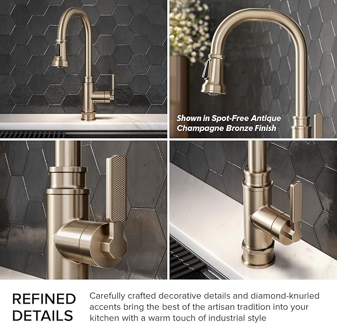 KRAUS Allyn Transitional Industrial Pull-Down Single Handle Kitchen Faucet in Spot-Free Antique Champagne Bronze, KPF-4101SFACB