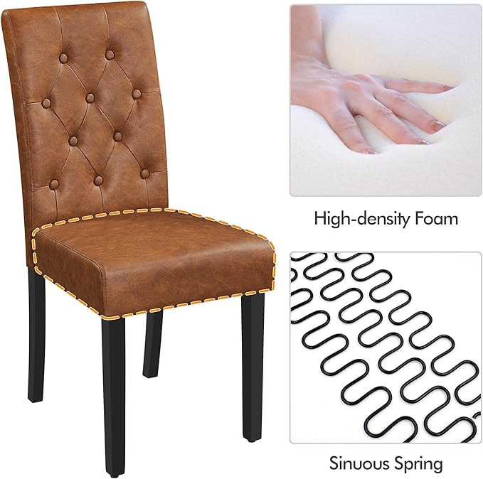 Yaheetech Dining Chairs Set of 2 Modern Style Faux Leather Dining Room Chairs with Solid Wood Legs and Button Tufted Padded for Home Kitchen, Retro Brown