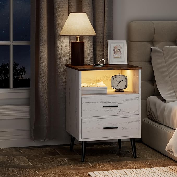Farmhouse Nightstand with Charging Station and LED Lights, 25.6" H x 17.7" W x 15.7" D Wooden End Table with 2 Drawers, Smart Bedside Table for Dorm, Apartment, Small Space, Antique White