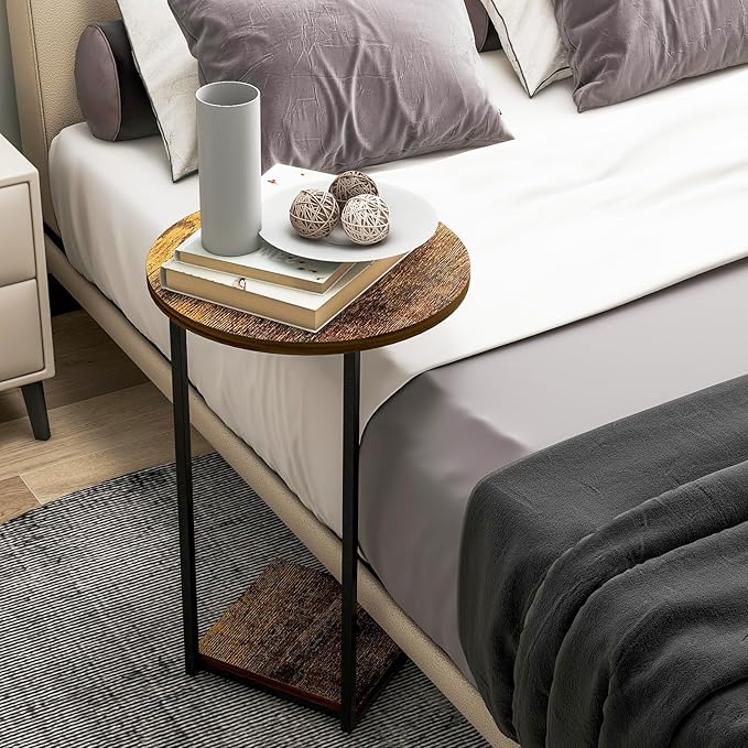 HDANI C Table End Table,Round Side Table That Slide Under,C Shaped End Table for Couch,Small Table for Living Room, Bedroom,Rustic Brown