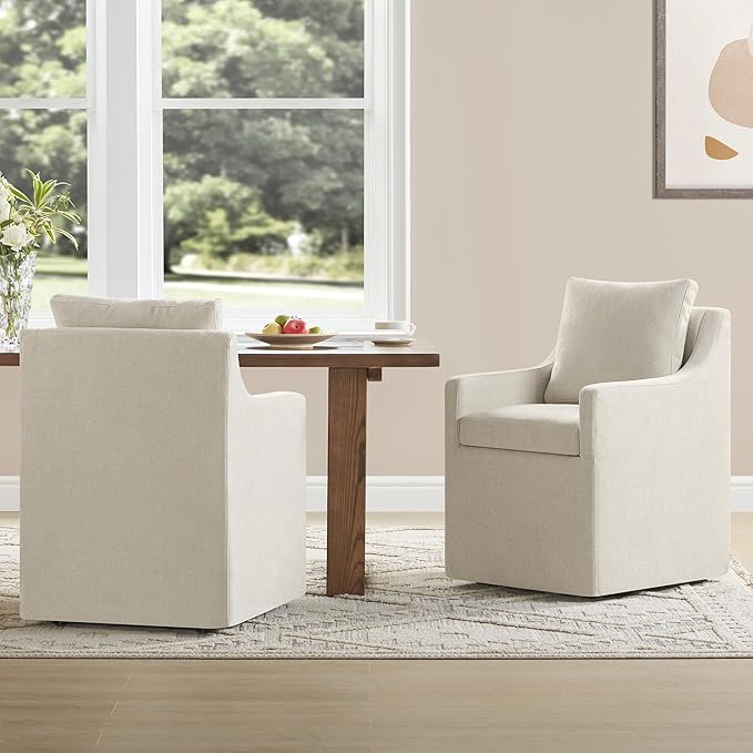 Upholstered Dining Chairs with Casters Washable Cover Side Deskchair with Rollers for Diningroom, Living Room, Cream Beige, 4 Box
