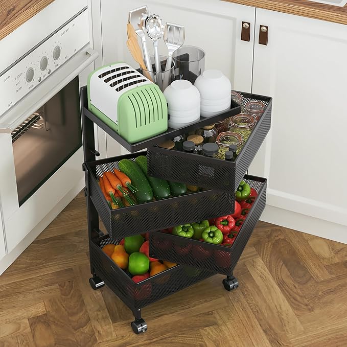 Bathroom Rotating Storage Cart No Assembly Required 4-Tier Metal Sturdy Fruit Basket for Kitchen, Rolling Vegetable Storage Rack,Bathroom Shelf,Storage Drawer Cart (Black, 4 Tier-Square)