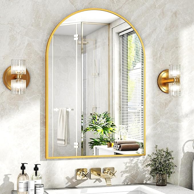 26"x38" Arched Wall Mirror for Bathroom, Gold Vanity Mirror for Bedroom, Living Room, Entryway, Decorative Hanging Mirror for Wall