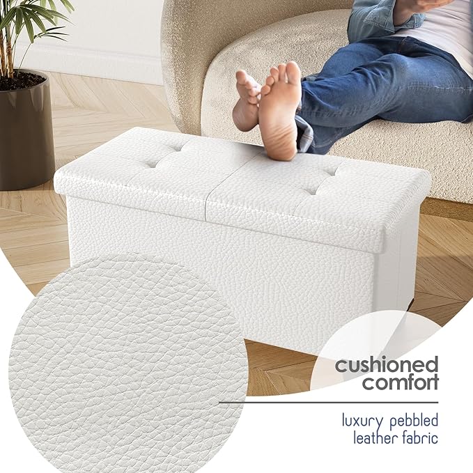 STORAGEBUD Storage Ottoman Bench with Bins, 30-in Storage Bench for Bedroom End of Bed, Folding Foot Rest Ottoman for Living Room Max 660lbs, Faux Leather Ottomans, Cream