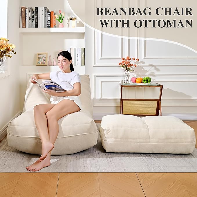 Bean Bag Chair with Ottoman, Comfy Bean Bag Sofa with Memory Foam, Lazy BeanBag Sofa with Footstool, Fireside Bean Bag Couch for Living Room, Bedroom, Apartment (Off White)