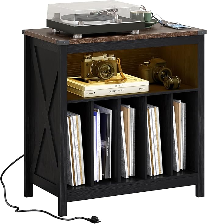 ChooChoo Large Record Player Stand with Charging Station & LED Light, Vinyl Record Holder hold up to 300 Albums, Farmhouse End Table for Bedroom, Living Room, Black