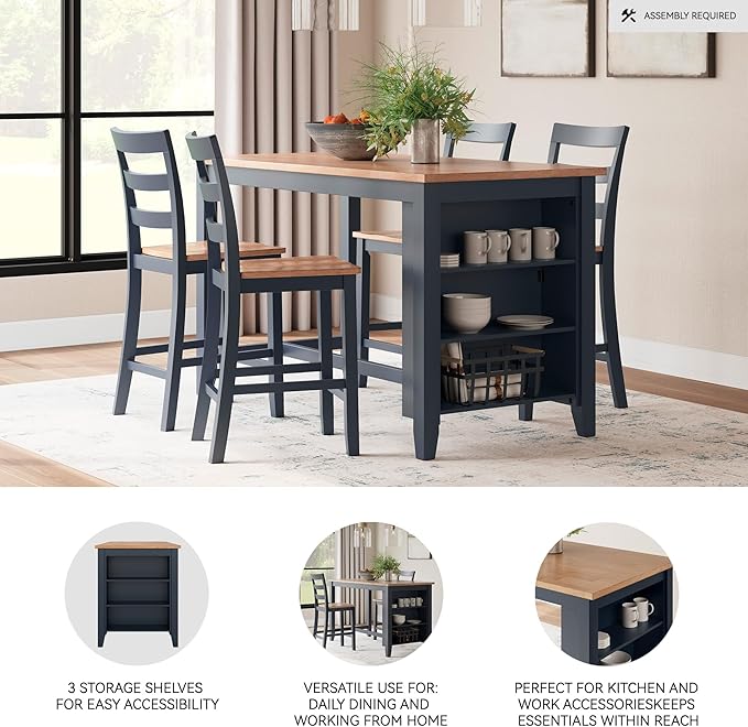 Signature Design by Ashley Gesthaven Modern Counter Height Dining Table with 3 Shelves and Trestle Base, Light Brown & Blue
