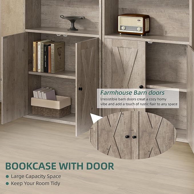 Shintenchi Bookshelf, Industrial Bookshelves and Bookcases with Doors Floor Standing 6 Shelf Display Storage Shelves 70.6 inches Tall Bookcase for Home Office, Living Room (Grey)