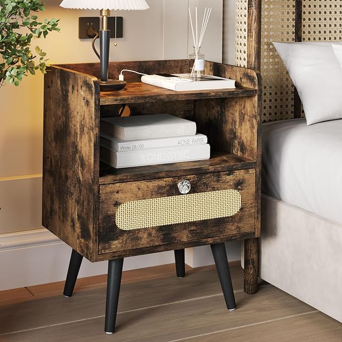 Nightstands/Beside Table Set of 2 with Charging Station, End Table with Diamond Handle and Rattan-Style Drawer, Rustic Brown