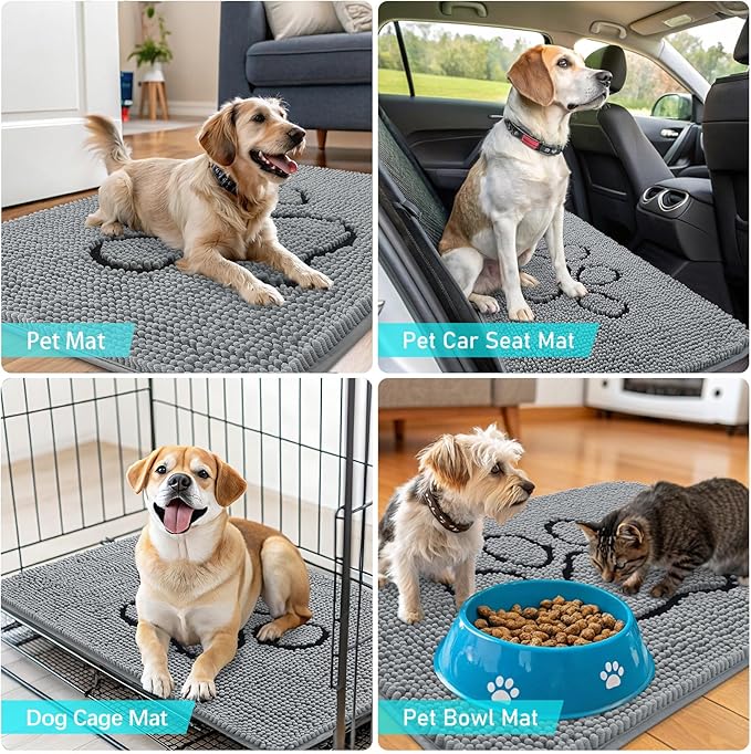 OLANLY Door Mat for Muddy Dog Paws 36x24, Ultra Absorbent Chenille Mud Doormat with Paw Print Design, Non-Slip Washable Doormat for Indoor Entryway, Quick-Dry Pet Bed Mats for Dirty Dogs, Grey