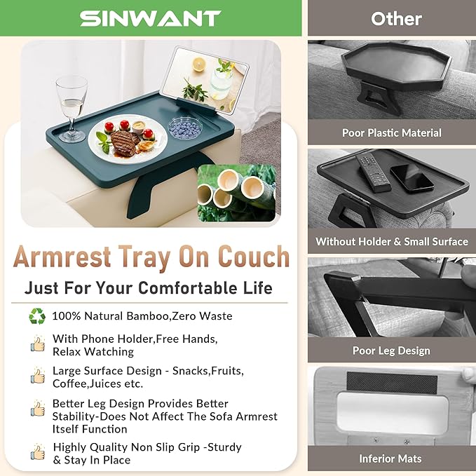 SINWANT Couch Arm Table Tray, Bamboo Sofa Arm Clip on Table, Foldable Couch Armrest Tray with 360° Phone Holder,Portable Sofa Tables for Remote Snack