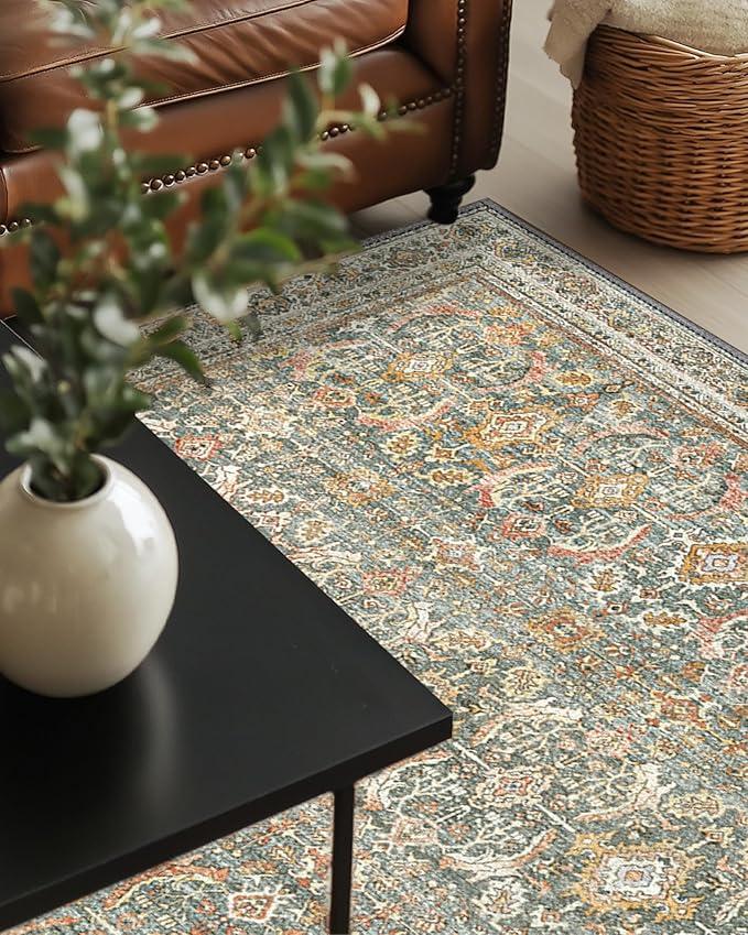 5X7 Area Rugs Machine Washable Rugs for Living Room, Vintage Boho Large Rugs for Bedroom Dining Room, Non Slip Indoor Soft Distressed Lightweight Thin Low Pile Carpet, Turmeric