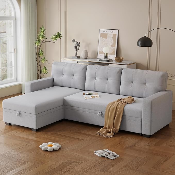 Ball & Cast L-Shape Convertible Sectional Sleeper Sofa Bed 4 in 1 Pull Out Couch with Reversible Storage Chaise & Removable Back Cushions,Sleeper Corner Couch Pull Out Sofa Bed for Living Room,Office