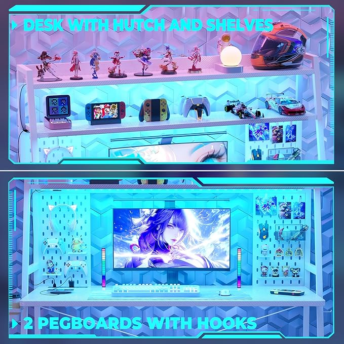 Gaming Desk with Hutch and LED Lights, Gaming Computer Desk with Power Outlets, Gamer Desk with Storage Shelves, PC Game Desk with Pegboards for Bedroom, Carbon Fiber White, 49"
