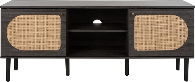 SAFAVIEH Claude TV Stand for up to 65" Flatscreen – Distressed Black, 2 Sliding Doors with Interior Storage, 2 Open Shelves, Entertainment Media Console (MED9610E)