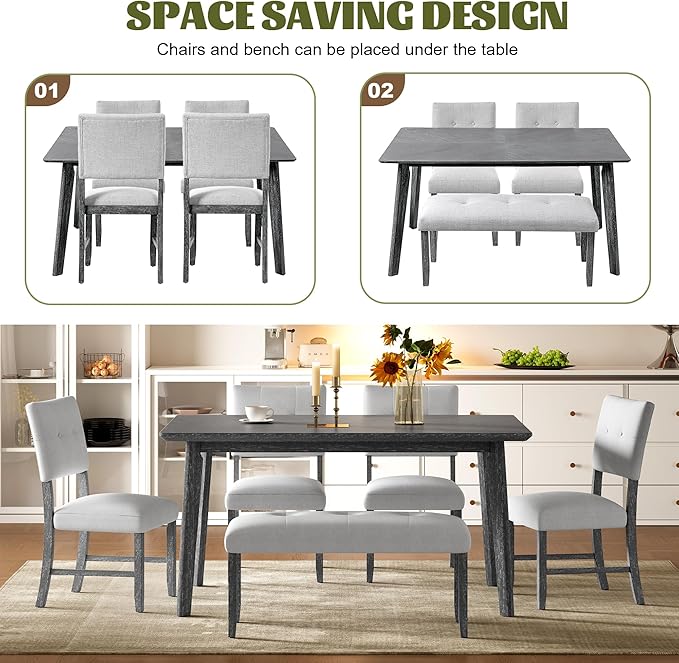 Merax 6 Piece Solid Wood Dining Table Set for 6, Rustic Farmhouse Rectangular with 4 Upholstered Wooden Chairs and 1 Bench, Kitchen Room, Gray