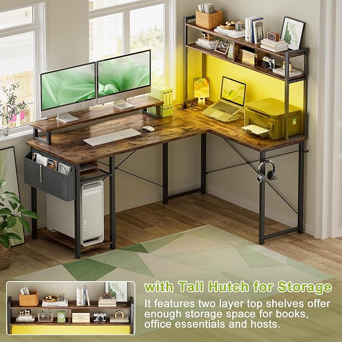 Small L Shaped Gaming Desk with Power Outlets, 48" Reversible L Shaped LED Computer Desk with Monitor Stand & Storage Shelf, Corner Gamer Desk Home Office Desk with Storage Bag, Rustic Brown