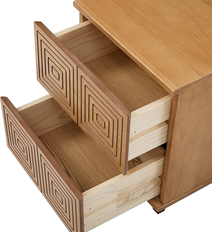 MUSEHOMEINC Wood Nightstand with 2 Drawer Storage, Modern Wood Bedside Table, Night Stand with Two Unique Geometric Details Drawers for Bedroom,Living Room
