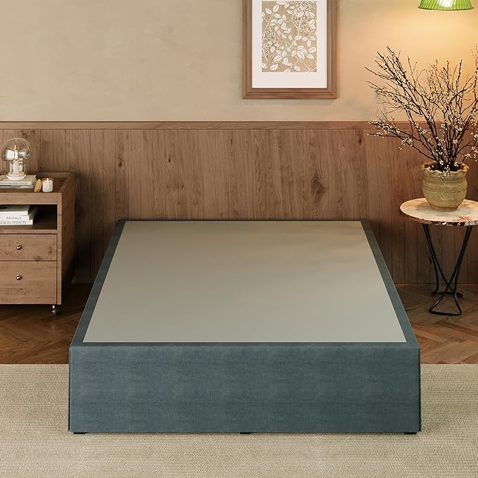 EMODA Queen Bed Frame with Cover No Box Spring Needed, 14 Inch Heavy Duty Metal Platform BedFrame Queen Size with Steel Slats, Easy Assembly