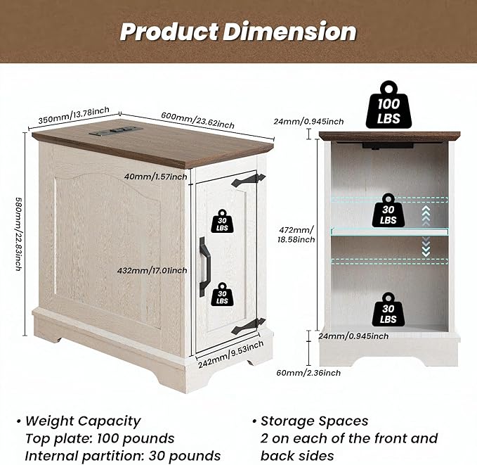 End Tables Set of 2 with Charging Station,13.8" W Narrow Side Table with Storage for Sofa Couch or Bed Side with Outlets & USB Ports, Farmhouse Wooden Nightstand for Bedroom Livingroom