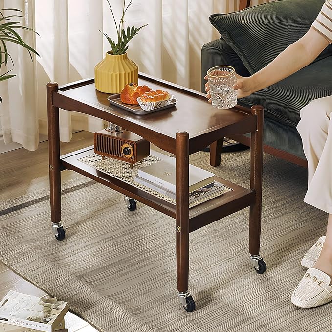 Rattan Side Table with Wheels, Small End Table with Storage, Narrow Wooden Bed Side Table for Living Room, Modern Slim Sofa Nightstand, 23.43" W*12.99" D*19.69" H, (Walnut)