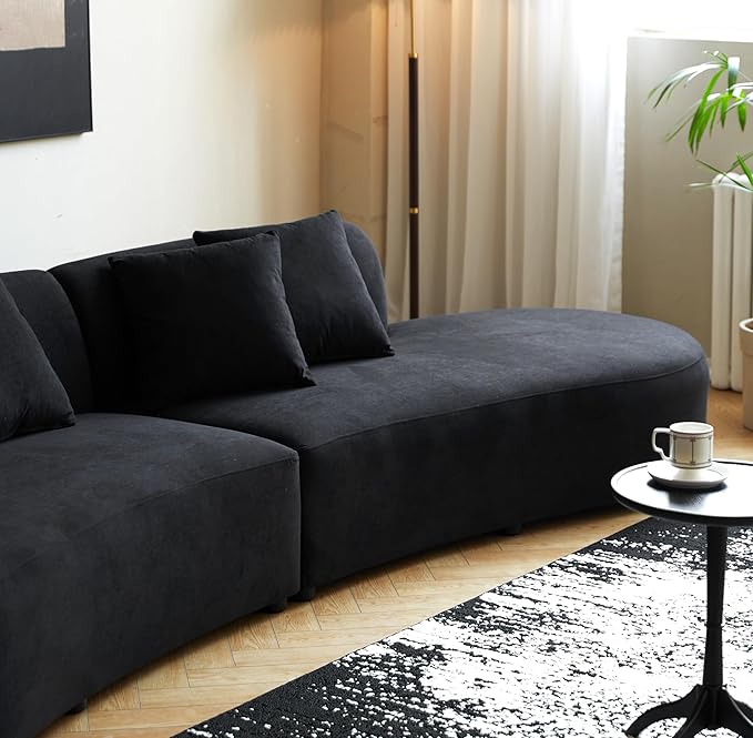 Container Furniture Direct 132" Curved Sofa with Throw Pillows, 6 Seater Luxury Velvet Couch with Half Moon Design and High-Density Foam, Ideal for Modern Living Room, Office & Apartment, Black