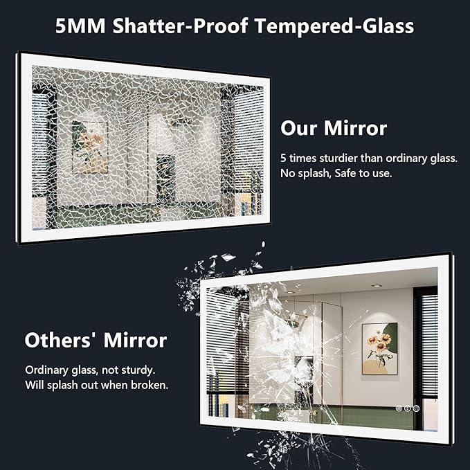 40x30 Inch LED Bathroom Mirror with Lights (Front Lit and Backlit) Black Framed Lighted Vanity Mirror for Bathroom Wall Dimmable Anti-Fog Memory Tempered Glass Horizontal/Vertical