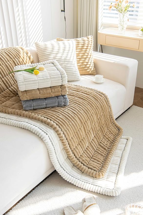 OTOB Couch Covers for 3 Cushion Sofa Pet Friendly, Plush Fuzzy Non Slip Sofa Covers Washable, Soft All Seasons Sofa Slipcovers Furniture Protector Dog Bed Mat (Cream, 27.6" x 82.7")