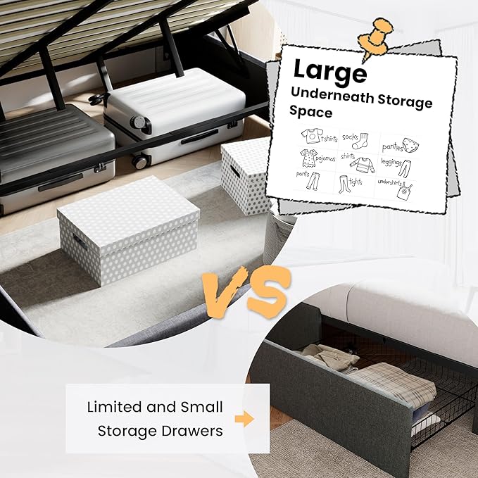 SHA CERLIN Full Size Lift Up Storage Bed/Modern Wingback Headboard/Upholstered Platform Bed Frame/Hydraulic Storage/No Box Spring Needed/Wood Slats Support/Grey Blue