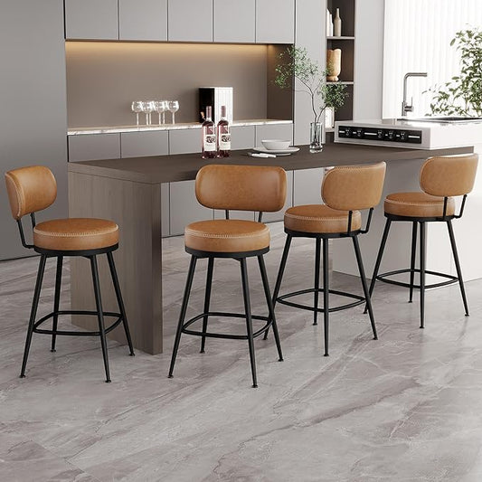 Counter Height Bar Stools, 26" H Swivel Barstools Set of 4, Faux Leather Kitchen Counter Stools with Back and Stylish Stitching, Metal Frame, Pub, Home Bar, Whisky Brown