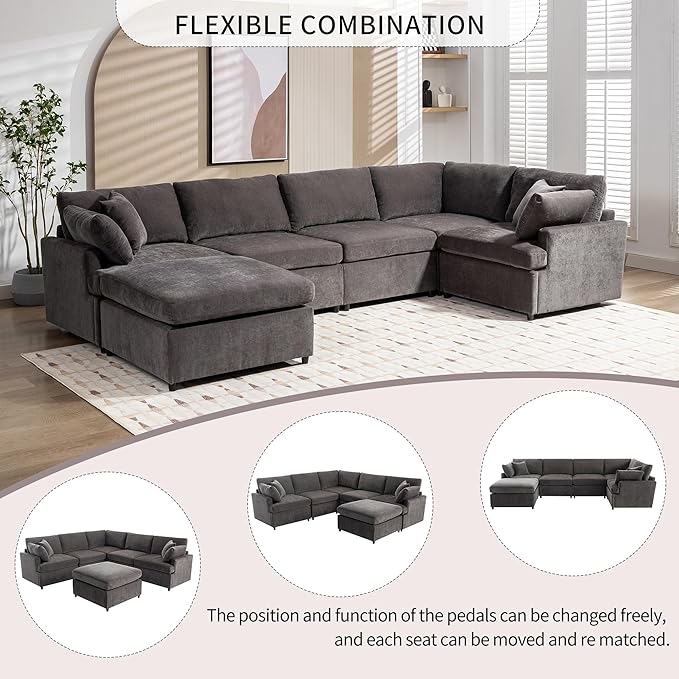 100 Inch U-Shaped Modular Convertible Sectional Sofa with Removable Ottoman and Pillows, Oversized 6 Seater Upholstered Corner Couch for Living Room, Office, Spacious Space, Gray