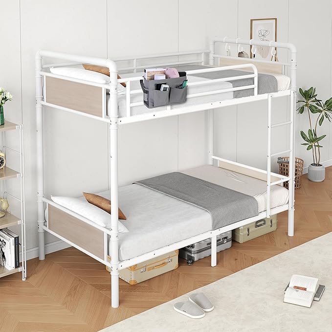 Metal Bunk Bed Twin Over Twin, Industrial Bunkbeds Heavy Duty Bed with Safety Guard Rails and Space-Saving Design, Steel Bed for School, Bedroom (White)