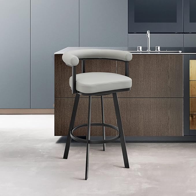 Armen Living Magnolia Swivel Counter Stool in Black Metal with Light Grey Faux Leather