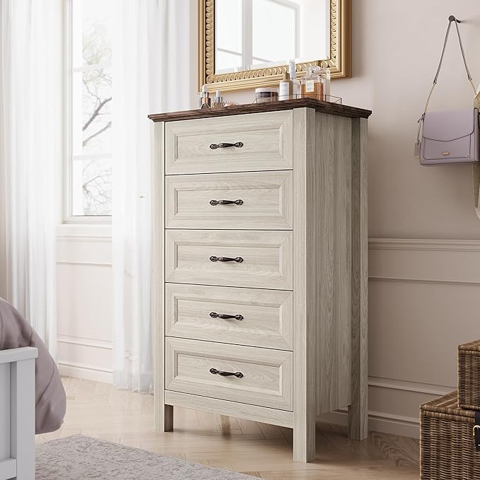 LINSY HOME Tall Dresser for Bedroom with 5 Drawers, 45" Tall Dressers & Chests of Drawers, Modern Farmhouse Large Vertical Dresser with Wood Legs for Bedroom, Closet, Living Room, Hallway, Beige