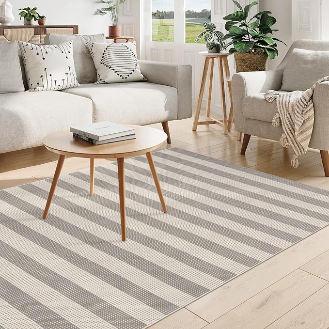 OJIA Outdoor Rug 5'x7' Striped Patio Rug Washable Indoor Outdoor Carpet Cotton Woven Outside Farmhouse Enrtyway Rug Large Area Rugs for Living Room Bedroom Backyard (Gray/White/Tan)
