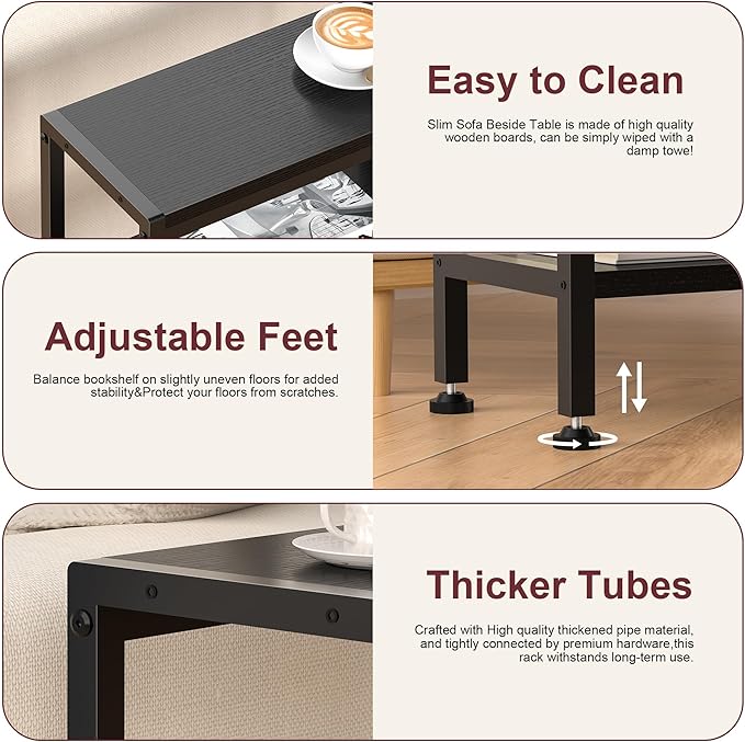Narrow Side Table for Small Space, 3-Tier Small End Table with Shelf Holder, Slim Nightstand, Skinny Snack Couch Table in Living Room, Bedroom, Study, Kitchen and Balcony（Black