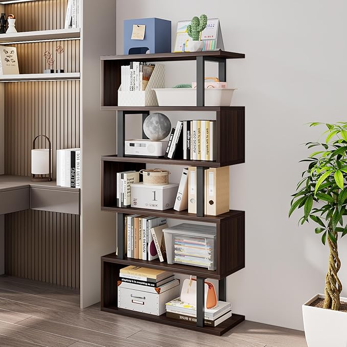 SORCEDAS Bookshelf Geometric Bookcase S Shaped Industrial Bookshelf Storage Display Stand Shelf for Living Room Bedroom and Office Room (Black, 5 Tier)