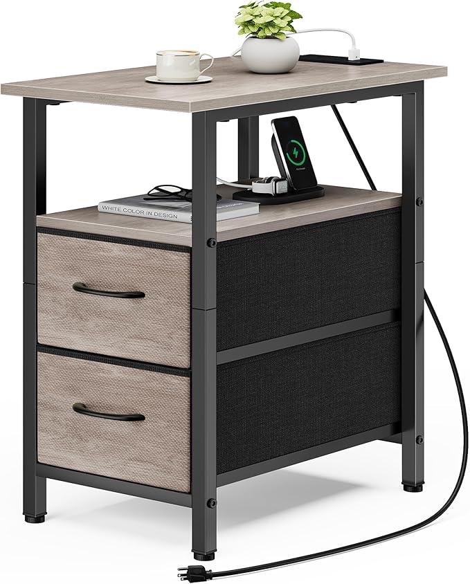 Vagusicc End Table with Charging Station, Narrow Side Table, 23.8'' Tall Nightstand with 2 Fabric Drawers, Small Sofa Side Table Narrow Nightstand for Small Spaces, Living Room, Bedroom, Rustic Grey
