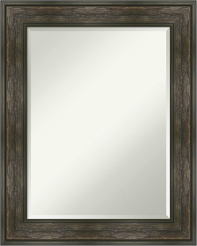 Amanti Art Brown Wall Mirror 30x24 Rail Rustic Char Rectangle Bathroom Mirror for Wall Decor Living Room, Medium Rustic Farmhouse Frame, Hangs Horizonally and Vertically, Bathroom Decor, Beveled Edge