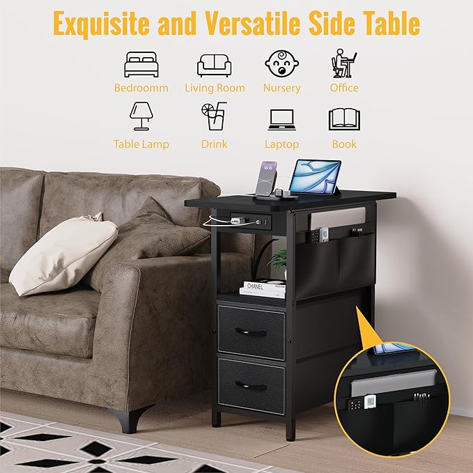 Small Side Table with Charging Station, Narrow Nightstand Bedside Tables with Storage Pocket for Living Room Bedroom, Sofa End Table with USB Ports and Power Outlets for Small Spaces