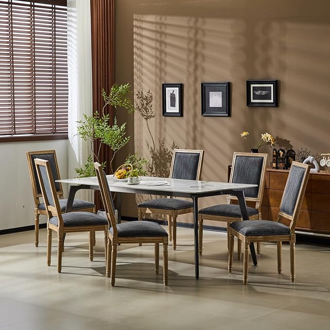 Merax Upholstered Solid Wood Dining Chairs Set of 6, French Country Style Accent Side Seating Furniture for Kitchen, Living Room, Cushioned Back, Blue Gray