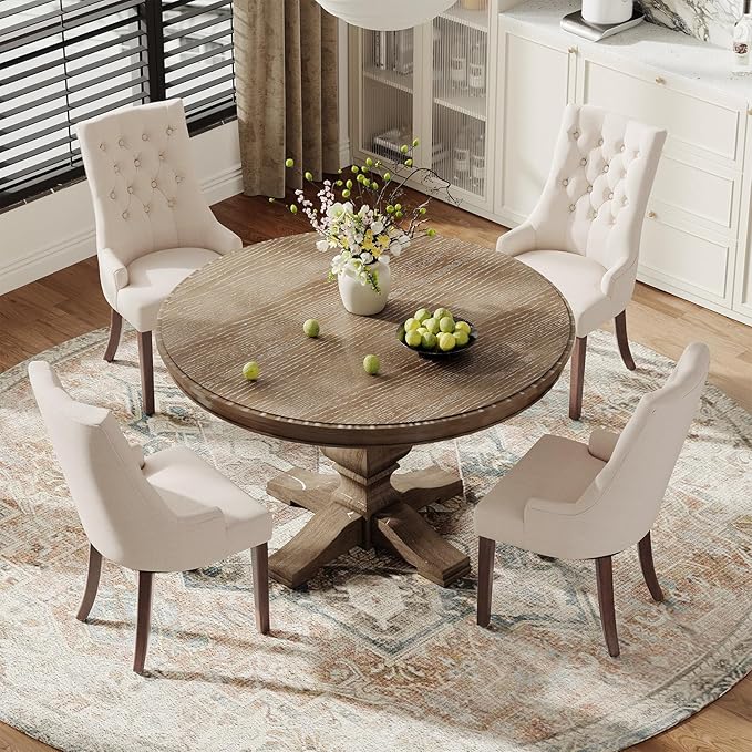 COLAMY Fabric Side Dining Chairs Set of 6, Wingback Upholstered Dining Room Chairs with Tufted Button, Living Room Chairs for Home Kitchen, Beige