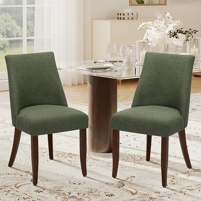 COLAMY Upholstered Dining Chairs Set of 2, Mid Century Modern Kitchen Chairs with Back, Farmhouse Fabric Side Dining Room Chairs with Wood Legs for Dining Room Restaurant, Green