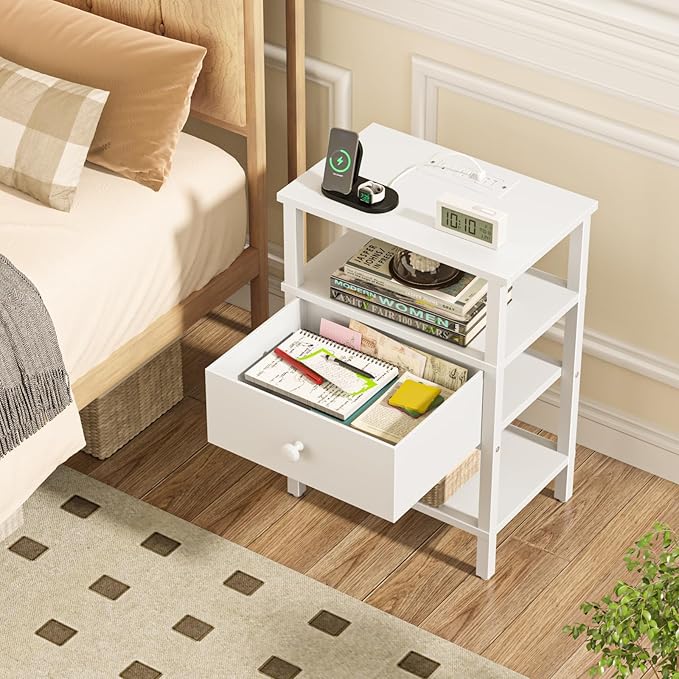Lerliuo Nightstand Set of 2 with Charging Station and USB Ports, 3-Tier Storage End Table with Drawer Shelf, Night Stand for Small Spaces, Wood Bedside Table for Living Room, Bedroom - Elegant White