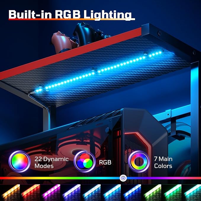Bestier Gaming Desk with LED Lights, 44 Inch Reversible Computer Desk with Drawers & Storage Shelves for Small Spaces, PC Gamer Table with Storage Bag & Side Hook, Carbon Fiber Black-RED