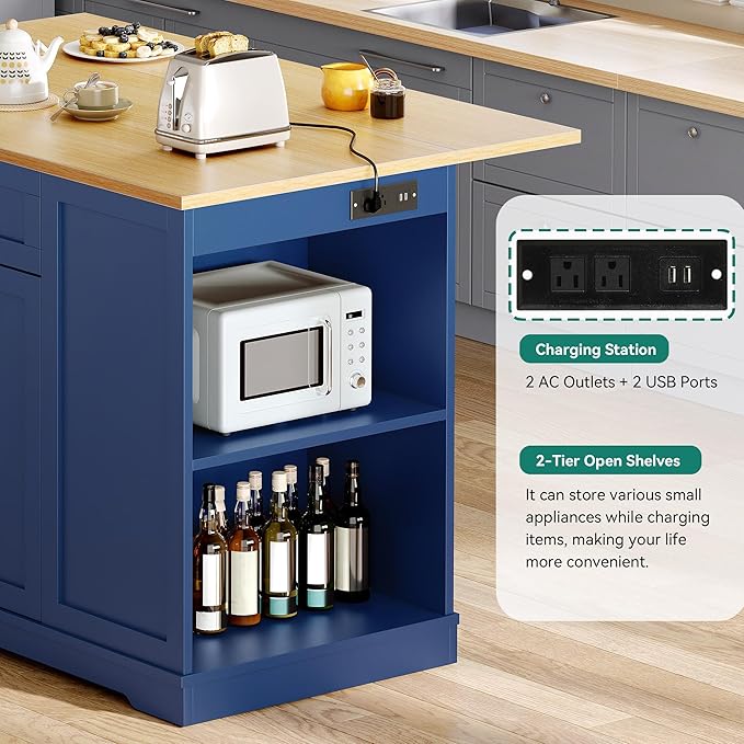 YITAHOME 50" Kitchen Island with Power Outlet & Drop Leaf, Rolling Island Cart with Trash Can Cabinet, Mobile Storage Islands with Microwave Rack, Door Storage Spice Rack, Navy Blue