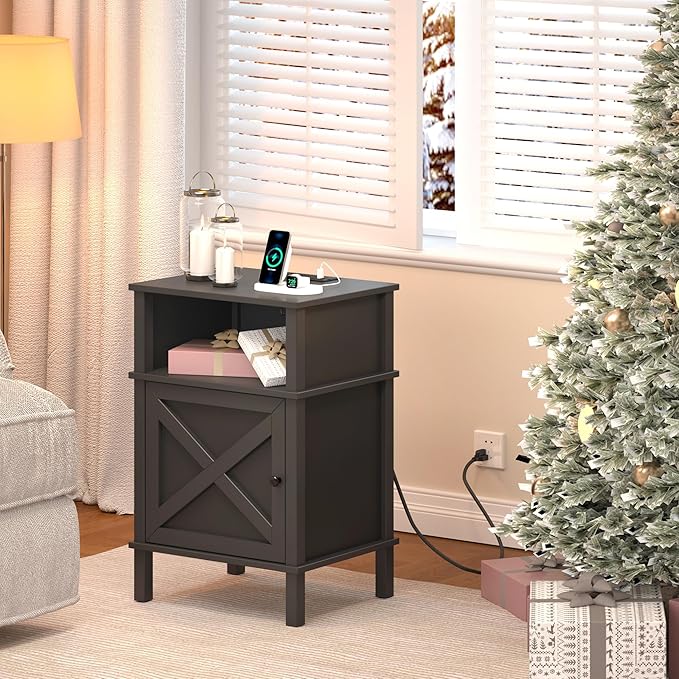 Nightstand with Charging Station, Farmhouse Nightstand, end Table with 2 Tiers Storage Space and Storage Cabinet, Sofa Side Tables for Bedroom, Living Room BZ0601BKE