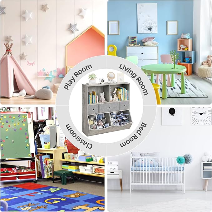 IDEALHOUSE 7-Cubby Large Kids Toy Storage Organizer, Children Wood Bookcase and Bookshelf, 3-Tier Toy Storage Cabinet with 3 Drawers for Hallway, Playroom, Living Room, School, 2 Set Gray