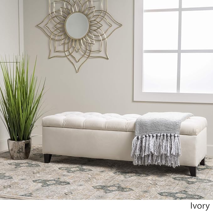 Christopher Knight Home Ottilie Velvet Storage Ottoman, Ivory 17.5”D x 51.0”W x 17.00”H